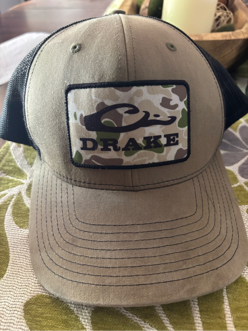 Drake Khaki and Black Trucker Hat with Camo Patch